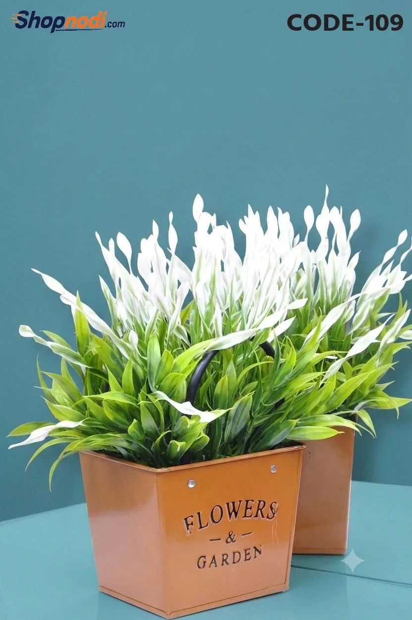 Artificial Blue Daisy in Metal Bucket Planter
