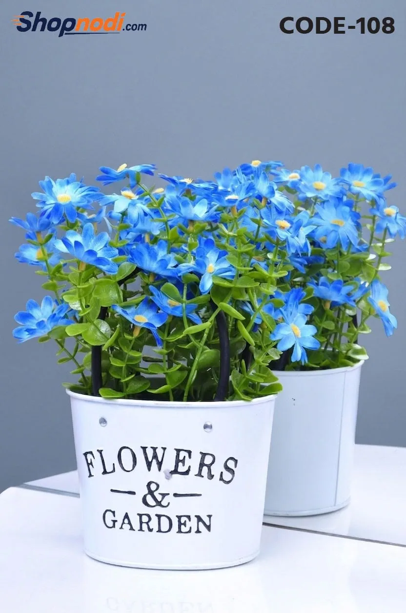 Artificial Blue Daisy in Metal Bucket Planter